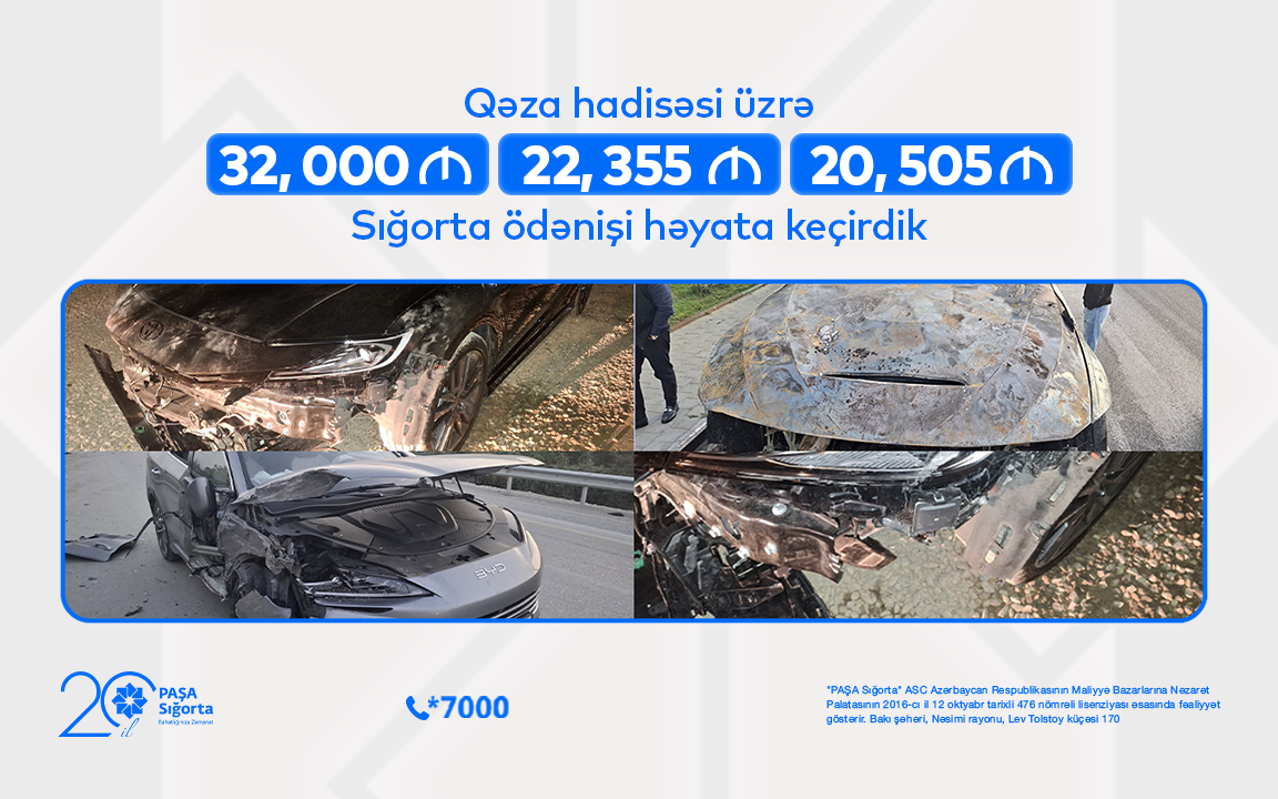 “PAŞA Sığorta” 3 avtomobil hadisəsi üzrə 74 min manatdan çox ödəniş edib